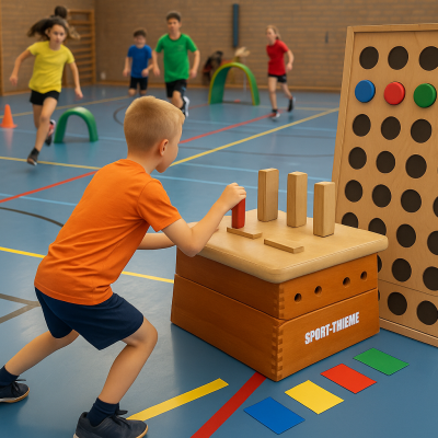 Kinderen die het spel Mastermind spelen in de gymzaal.