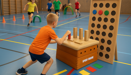 Kinderen die het spel Mastermind spelen in de gymzaal.