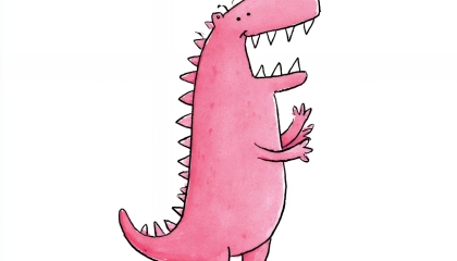 De afbeelding toont een roze dino/monster